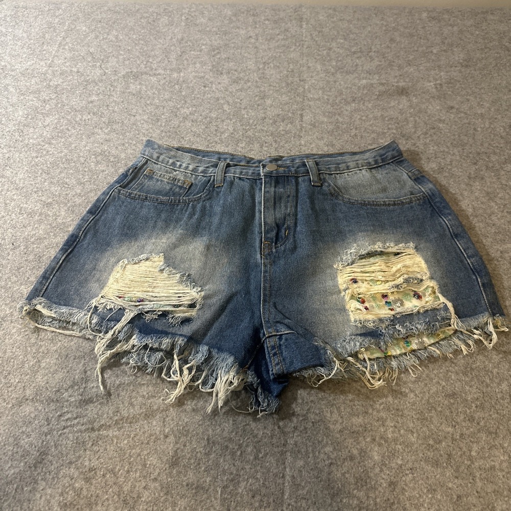 Hayden Womens Medium Wash  Distressed Colorful Sequins Festival Jean Shorts‎ Lg